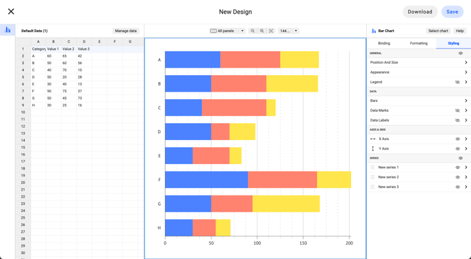 Datylon Report Studio screen showing data pane, bar graph and styling properties pane