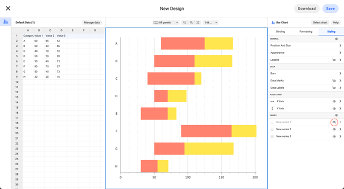 Datylon Report Studio screen showing data pane, styling properties pane, and bar graph with the hidden first series.