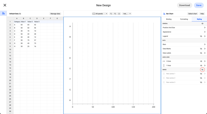 Datylon Report Studio screen showing data pane, styling properties pane, and bar graph with the hidden series.