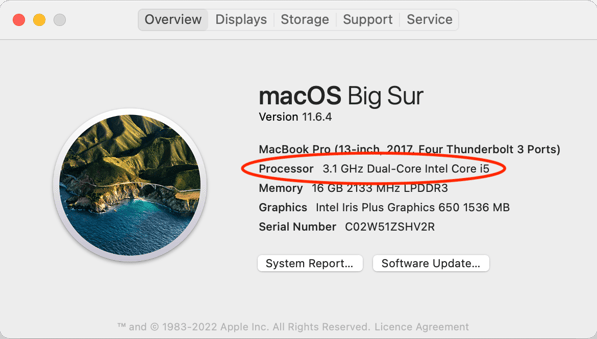 picture showing "about this mac" menu with the reference to intel chip