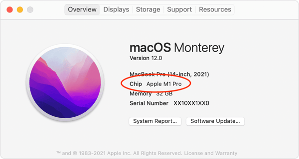 picture showing "about this mac" menu with the reference to apple silicon m chip 