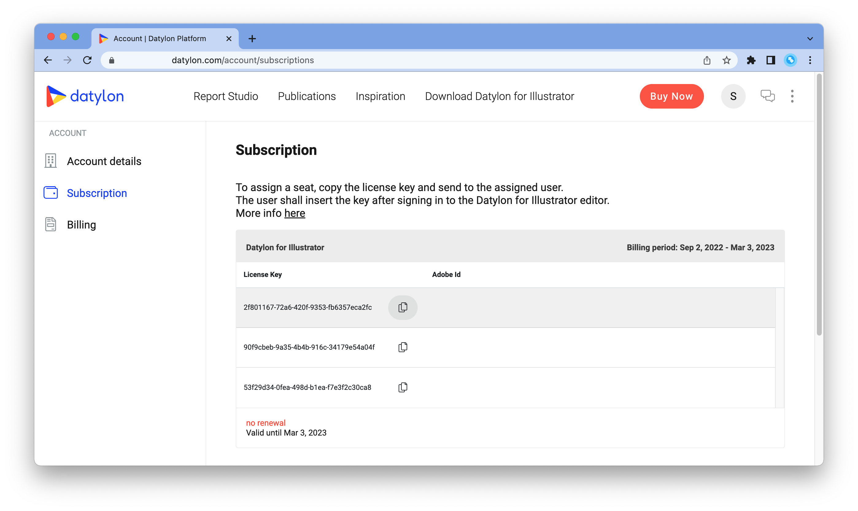 datylon report studio subscription page